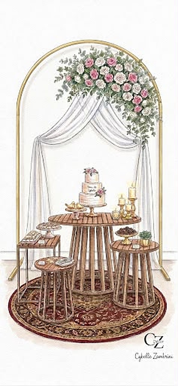 Projeto de decoração do casamento de Bruno e Jennyfer, com arco e mesa de doces
