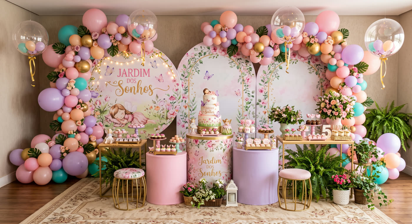 Decoração de festa infantil tema Jardim dos Sonhos com balões em tons pastel e bolo — Cybelle Zambrini Decor, Guarulhos SP