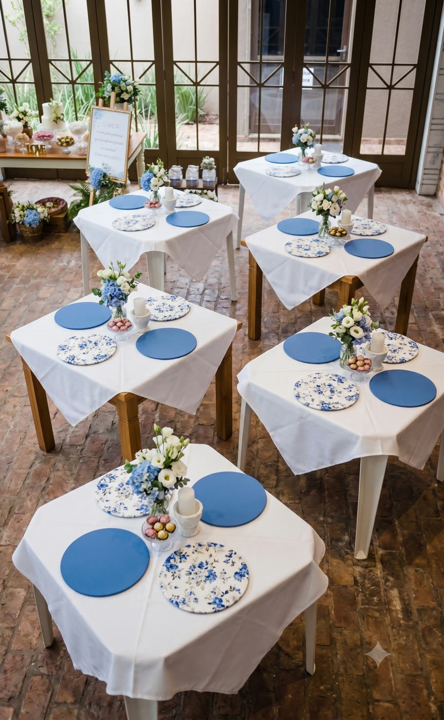 Mini wedding azul e branco — mesas dos convidados com arranjos florais, Guarulhos SP