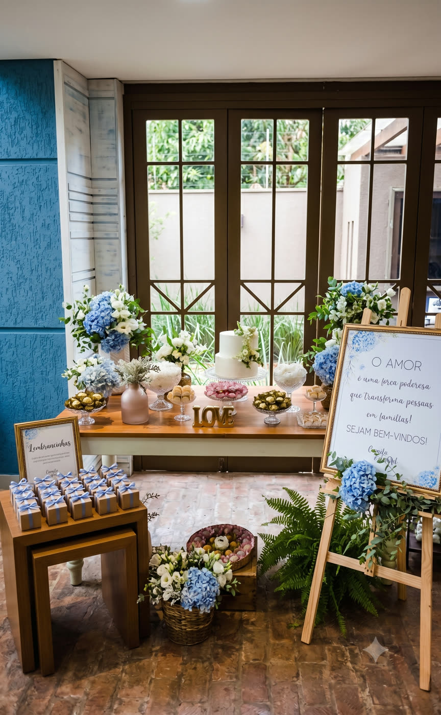 Mini wedding azul e branco — mesa de doces com hortênsias e bolo, decoração em Guarulhos SP
